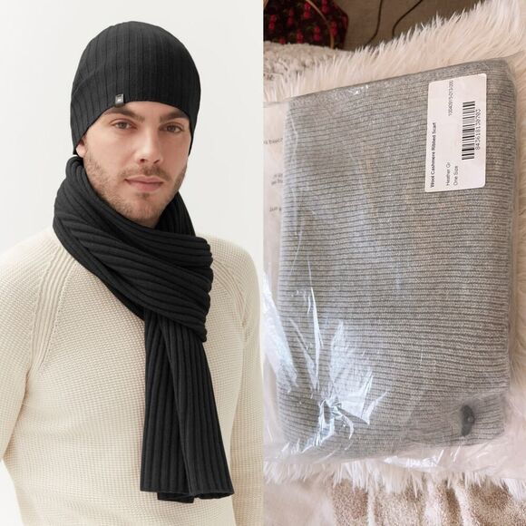 Cuyana Mens Wool Cashmere Ribbed Scarf Gray one size - Picture 2 of 6